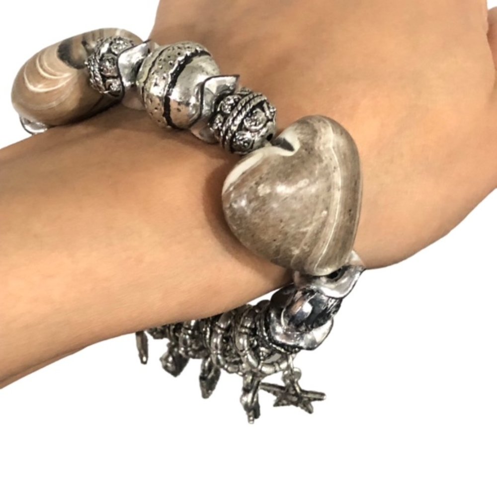Vintage Silver Stretchable Bracelet with Charms - Fits Most Wrist Sizes